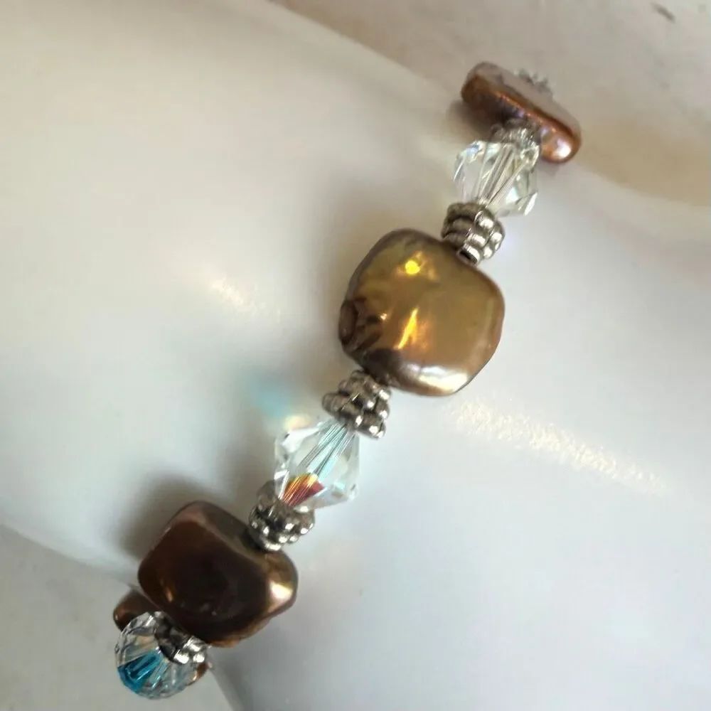 Brown Freshwater Pearl & Aurora Crystal Toggle Bracelet